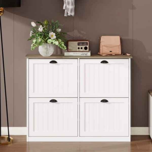 32 in. H x 40 in. W White wood Slim Shoe Storage Cabinet with 4 Flip Drawers, Adjustable Shelf