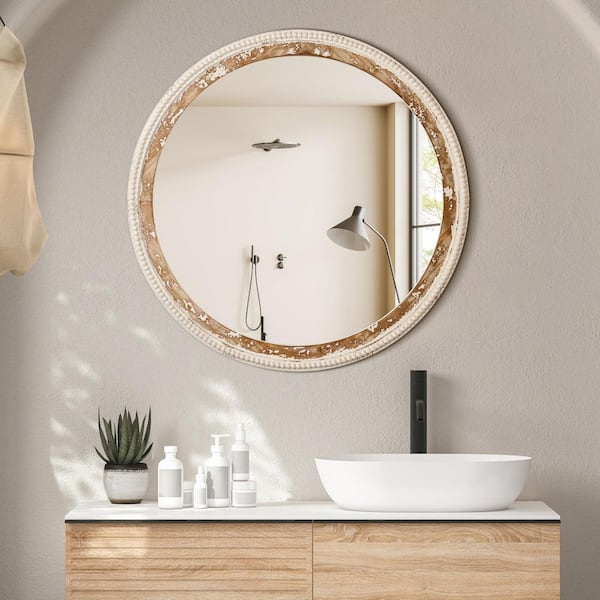 36 in. W x 36 in. H Round Beaded Framed Floating Wall Bathroom Vanity Mirror in Antique White