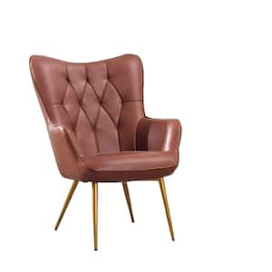 Red Brown Leather Arm Chair with Soft Filling Accent Chair with Wing Back