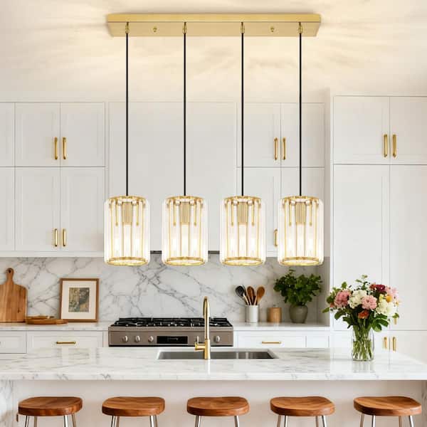 4-Light Gold Modern Kitchen Island Pendant Light with Crystal Glass Shades and Adjustable Height