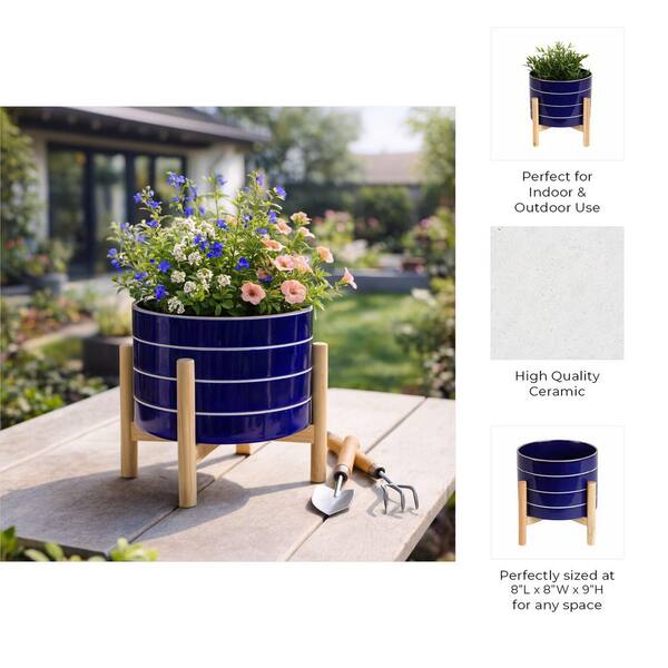 Liv & Skye Navy Ceramic Striped Planter (8 in. W x 6 in. H) with