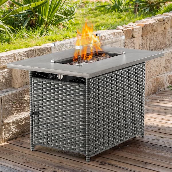 Arcline 41 in. 50000 BTU Rectangle Gray Wicker Outdoor Gas Fire Pit Table with Volcanic Stone