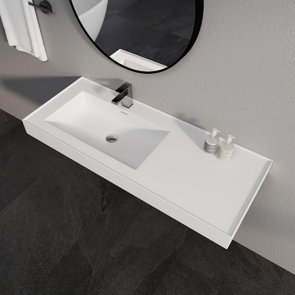 47 x 19 in. Solid Surface Bathroom Vessel Sink Wall Mount or Countertop Left Basin with Faucet Holes in Matte White
