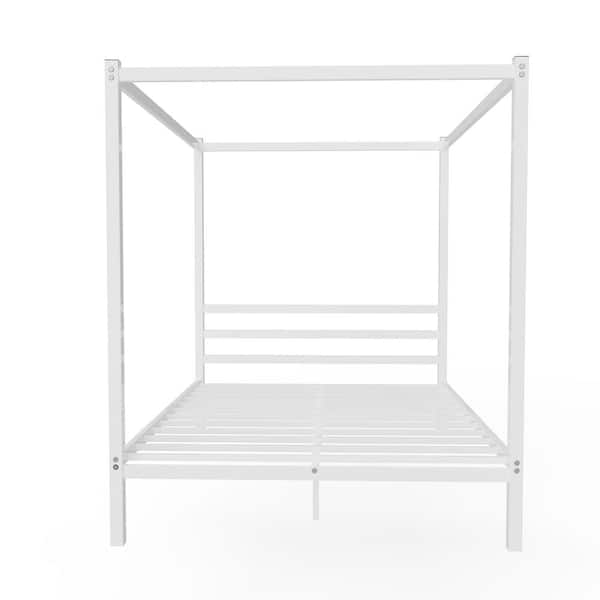 Unbranded White Metal Framed Canopy Platform Queen Bed with Built-in Headboard