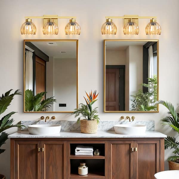19.29 in. 3-Light Brushed Gold Modern Vanity Light with Fluted Amber Glass & Dual-Mount
