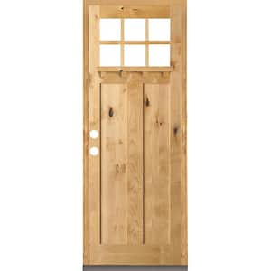 42 in. x 96 in. Craftsman Knotty Alder Clear 6-Lite Clear Stain Wood/Dentil Shelf Right Hand Single Prehung Front Door