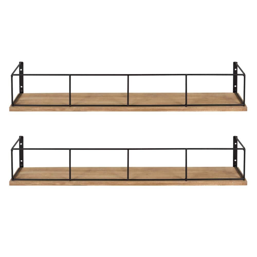 24" Rustic Brown and Black Wood & Metal Floating Wall Shelf Set