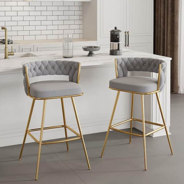 34.25 in. Braided Bar Stools Set Counter Height Kitchen Island Stools w/ Back Support, Gray Metal Bar Chairs (Set of 2)