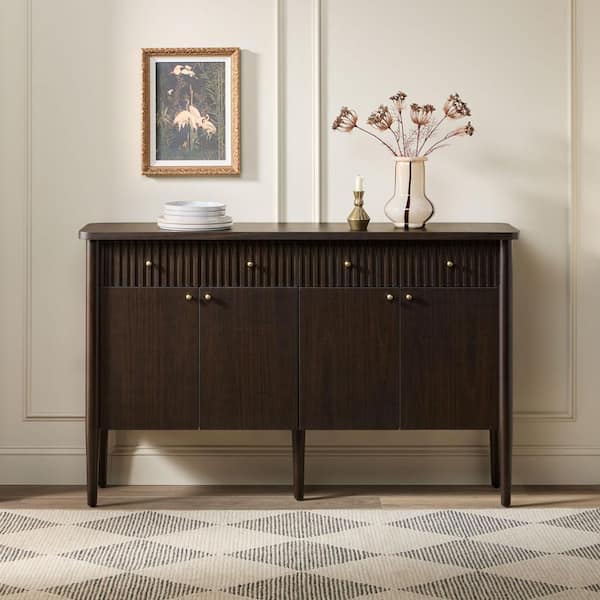 Samantha Dark Brown Oak Modern Wood 58 in. Buffet Sideboard with Fluted Details and Storage