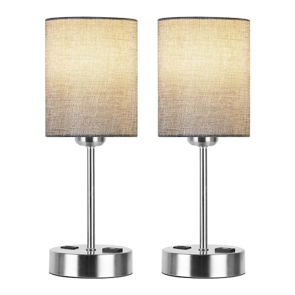 14.6 in. Grey Touch Table Lamps Set of 2, Bedside Nightstand Lamps with USB Port and Power Outlet, 3 Way Dimmable