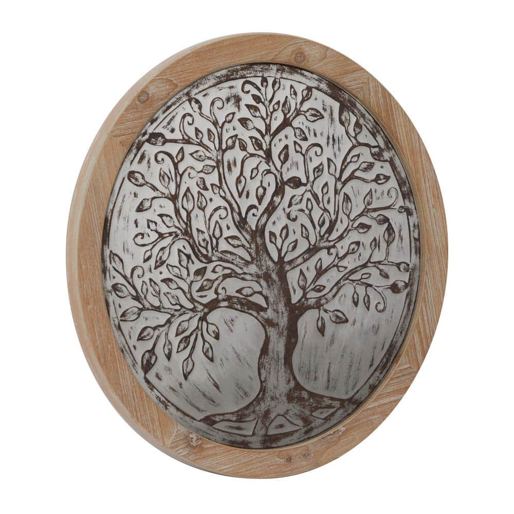 Brown Circular Wooden Tree Wall Decor with Weathered Finish