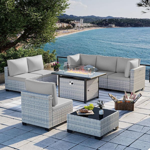 muphyers 8-Piece Wicker Patio Conversation Set with 55,000-BTU Fire Pit Table and Glass Top Table with Gray Cushions