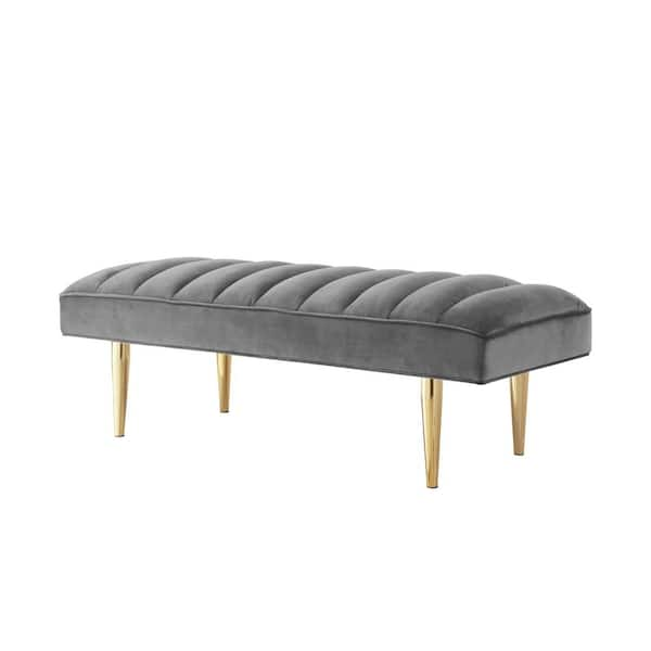 Nicole Miller Denver Light Grey/Gold Velvet Bench with Upholstered