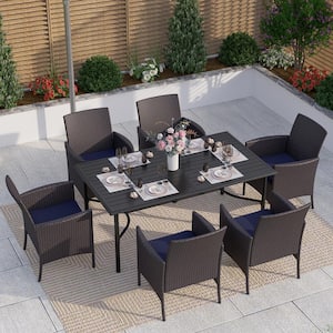 Black 7-Piece Metal Patio Outdoor Dining Set with Rectangle Table and Rattan Chairs with Blue Cushion
