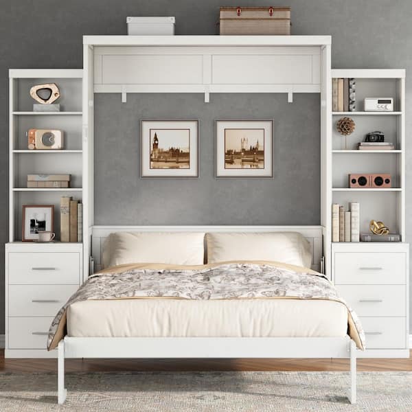 White Pine Wood Frame Full Murphy Bed with Storage Shelves and Drawers