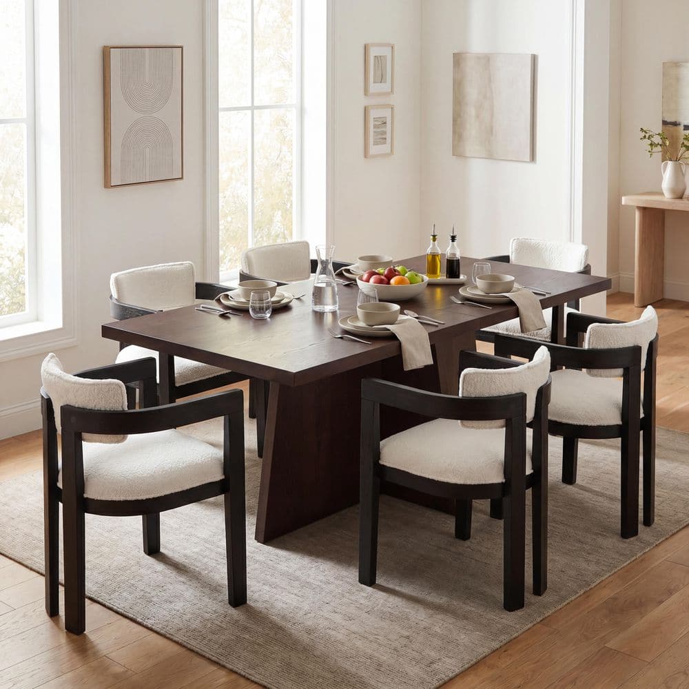 Kevin 7-Piece Wood Top Dining Set with Black and Beige Fabric Dining Chairs, Rectangular Dining Table, Seats 6
