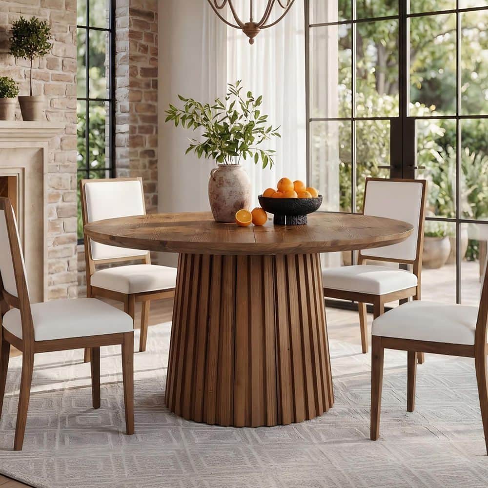 BYBLIGHT Roesler Brown Solid Wood Round Dining Table, Rustic Fluted ...