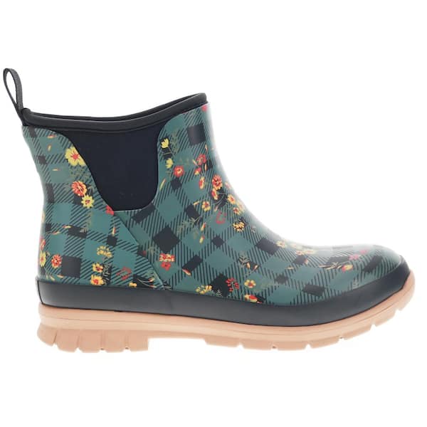 WESTERN CHIEF Women's Floral Plaid 5.5" Waterproof Rubber Neoprene Ankle Rain Boot - Olive Size 8