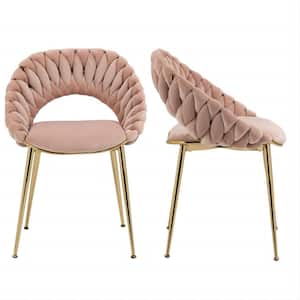Modern Upholstered Pink Velvet Hand Woven Hollow Backrest Design Dining Chairs Set of 2