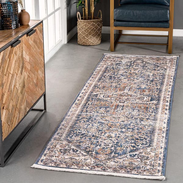 3 ft. x 8 ft. Blue Idina Bordered Medallion Indoor Runner Rug