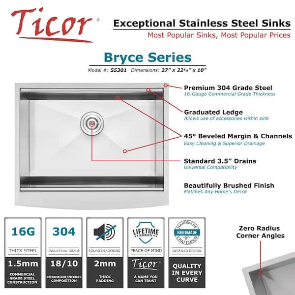 Bryce Zero Radius Farmhouse Apron Front 16-Gauge Stainless Steel 27 in. Single Basin Kitchen Sink with Basket Strainer