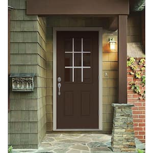 30 in. x 80 in. 9 Lite Dark Chocolate Painted Steel Prehung Left-Hand Outswing Entry Door w/Brickmould