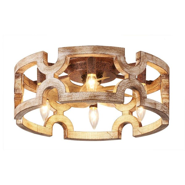 19 in. Bronze Oak Wood Indoor Flush Mount Ceiling Fan with Light and Remote Modern Farmhouse Cage Ceiling Light with Fan