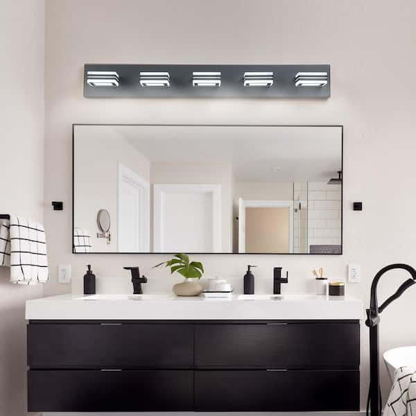 32 in. 5-Light Black LED Vanity Light with Square Acrylic Lampshade