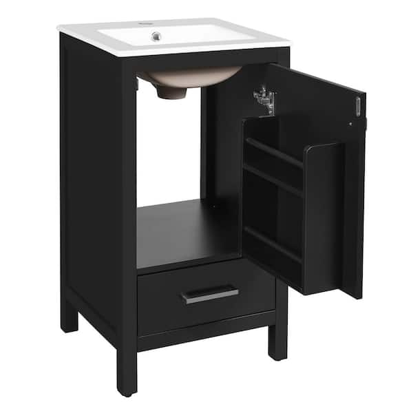 18 in. W Single Sink Freestanding Black Bath Vanity with White Ceramic Top and Divider Drawer, Unassembled