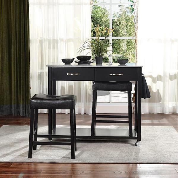 3-Piece White Rubber Wood 45 in. Kitchen Island Set with 2-Seatings for Small Places, Black BL-02