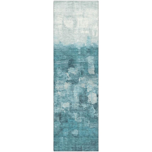 Mayfield Premium Machine Washable Abstract AMF2119 Teal 2 ft. x 7 ft. Runner Rug