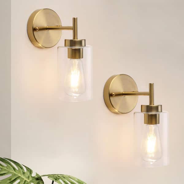 (Set of 2) 7.4 in. 1-Light Brass Modern Bath Wall Sconce with Clear Sturdy Glass Shade (Bulbs Not Included)