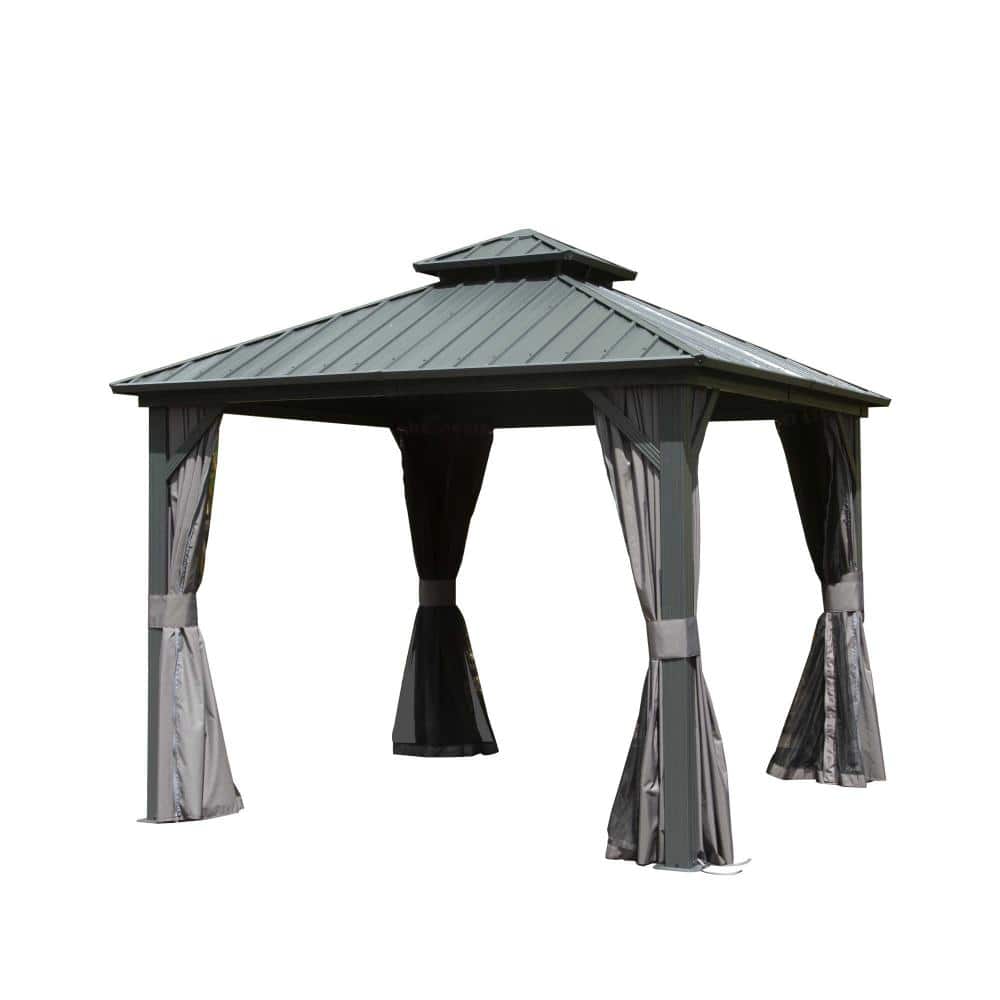 10 ft. x 10 ft. Gray Galvanized Steel Double Roof Hardtop Gazebo with Curtains and Netting price history on PriceWatchPro