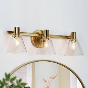 Transitional Bathroom Gold Vanity Light, 21.5 in. 3-Light Modern Bell Wall Sconce Light with Seeded Glass Shades