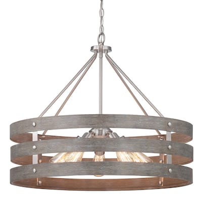 Gulliver 27-3/4 in. 5-Light Brushed Nickel Farmhouse Drum Chandelier with Weathered Gray Wood Accents for Dining Room