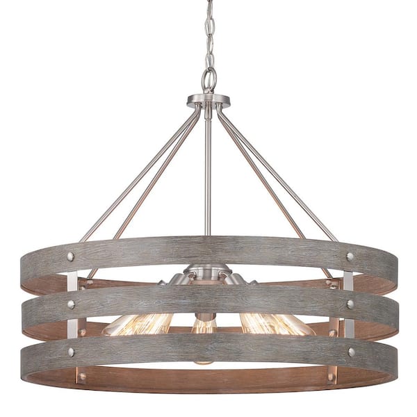 Progress Lighting Gulliver 27-3/4 in. 5-Light Brushed Nickel Farmhouse Drum Chandelier with Weathered Gray Wood Accents for Dining Room