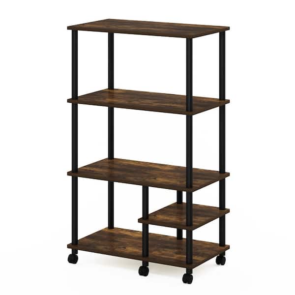 Furinno Turn-N-Tube 4-Tier Amber Pine and Black Kitchen Storage Shelf Cart with Casters