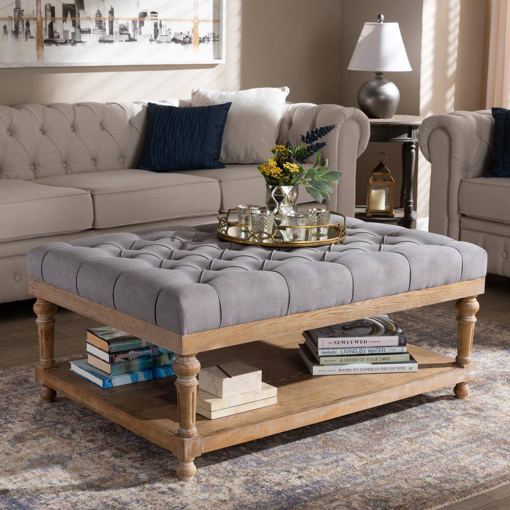 Lindsey Grey Linen and Greywashed Wood Tufted Cocktail Ottoman