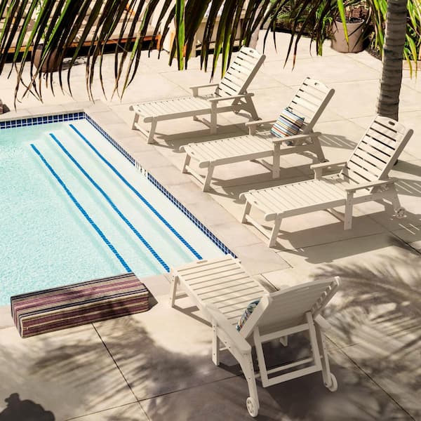 LUE BONA Hampton Sand Patio Plastic Outdoor Chaise Lounge Chair with Adjustable Backrest Pool Lounge Chair and Wheels Set of 4