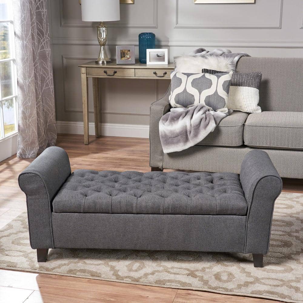 Dark Gray Tufted Fabric Storage Bench with Arms