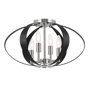 Cecil 17.75 in. 4-Light Polished Nickel and Black Mid-Century Modern Hallway Oval Flush Mount Ceiling Light