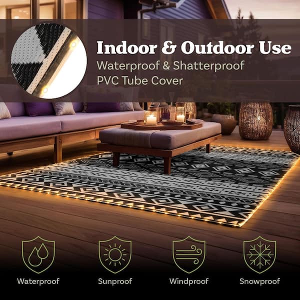Outdoor Patio Rug with LED Lights 8 ft. x 10 ft. Outdoor Rug-Plastic Straw Patio Mat Outdoor Waterproof Carpet, Gray