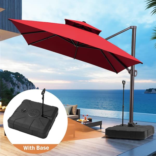 13 ft. x 10 ft. 2-Tier Aluminum Heavy-Duty 360° Cantilever Patio Umbrella in Red with Wheeled & Pull Rod Base