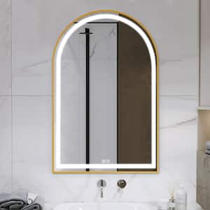 26 in. W x 38 in. H Arched Framed LED Anti-Fog Dimmable Wall Mount Bathroom Vanity Mirror in Gold