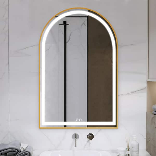 NEUTYPE 26 in. W x 38 in. H Arched Framed LED Anti-Fog Dimmable Wall Mount Bathroom Vanity Mirror in Gold
