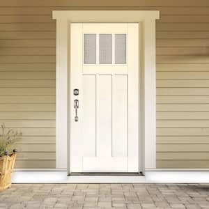 36 in. x 80 in. Smooth White Right-Hand Inswing 3-Lite Water Wave Craftsman Finished Fiberglass Prehung Front Door