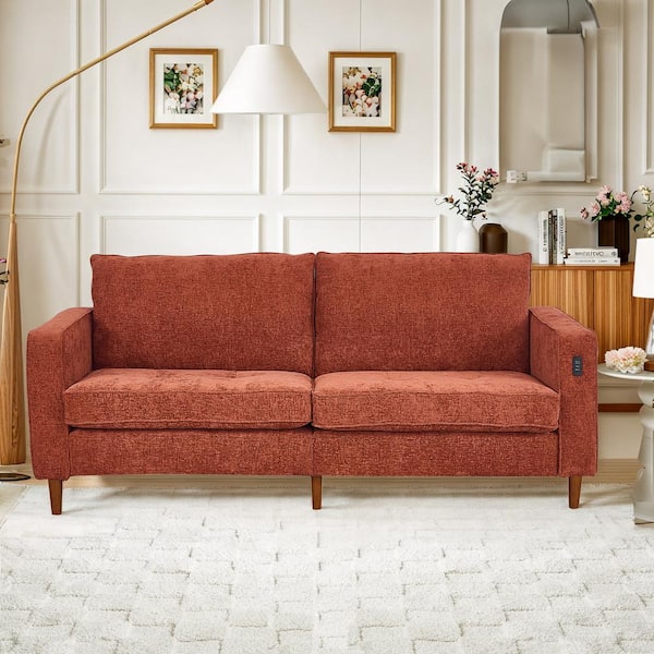 WONDER COMFORT Modern 82 in Wide Square Arm Chenille Upholstered Rectangle Loveseat Sofa with USB Ports in Caramel