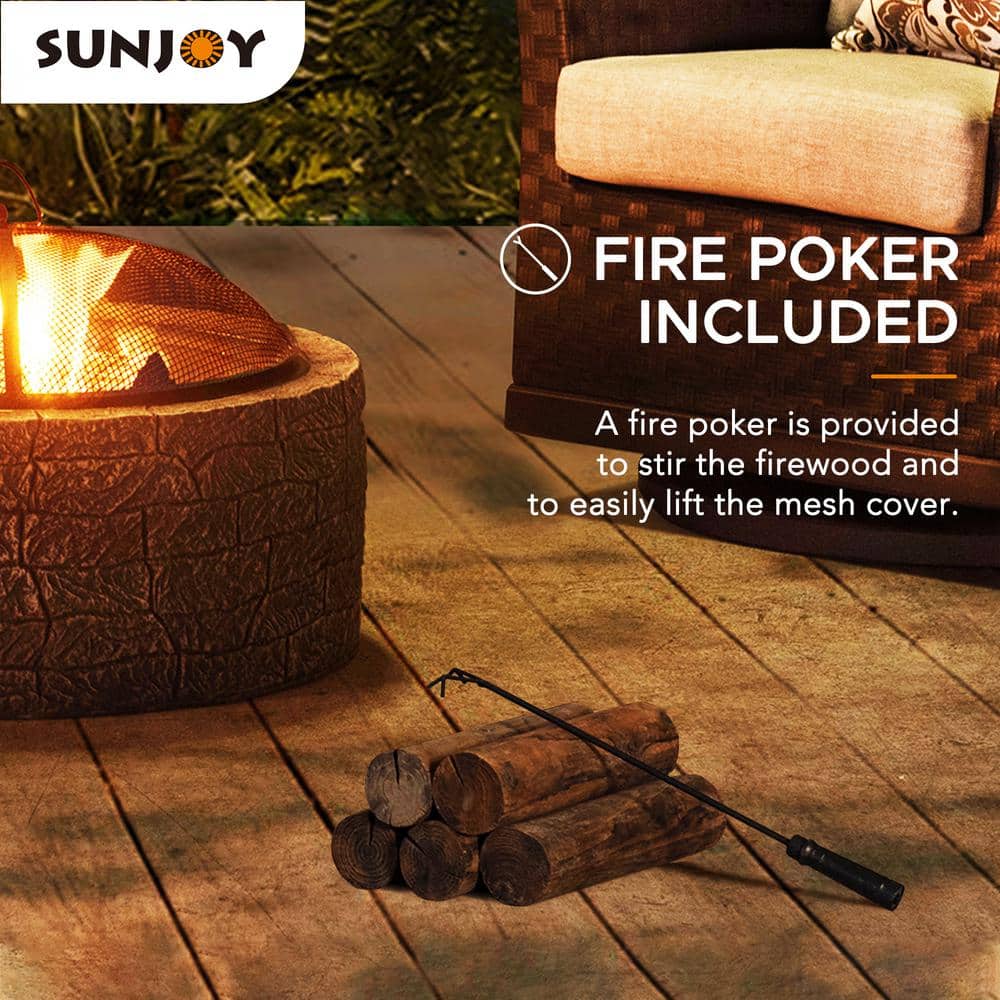 Gray Stone and Steel Wood-Burning Fire Pit with Mesh Screen