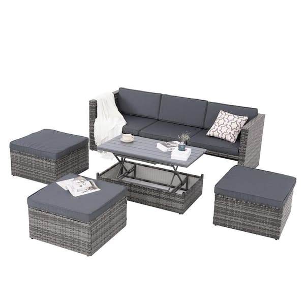Unbranded 5-Piece Wicker Patio Conversation Set with Dark Gray Cushions and Lift Top Coffee Table Outdoor Furniture Lounger Sofa