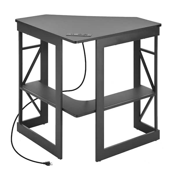 VECELO - Corner Computer Desk with Built-In Charging Station, Keyboard Tray and Storage Shelves, 41 in. Triangle Table, Black